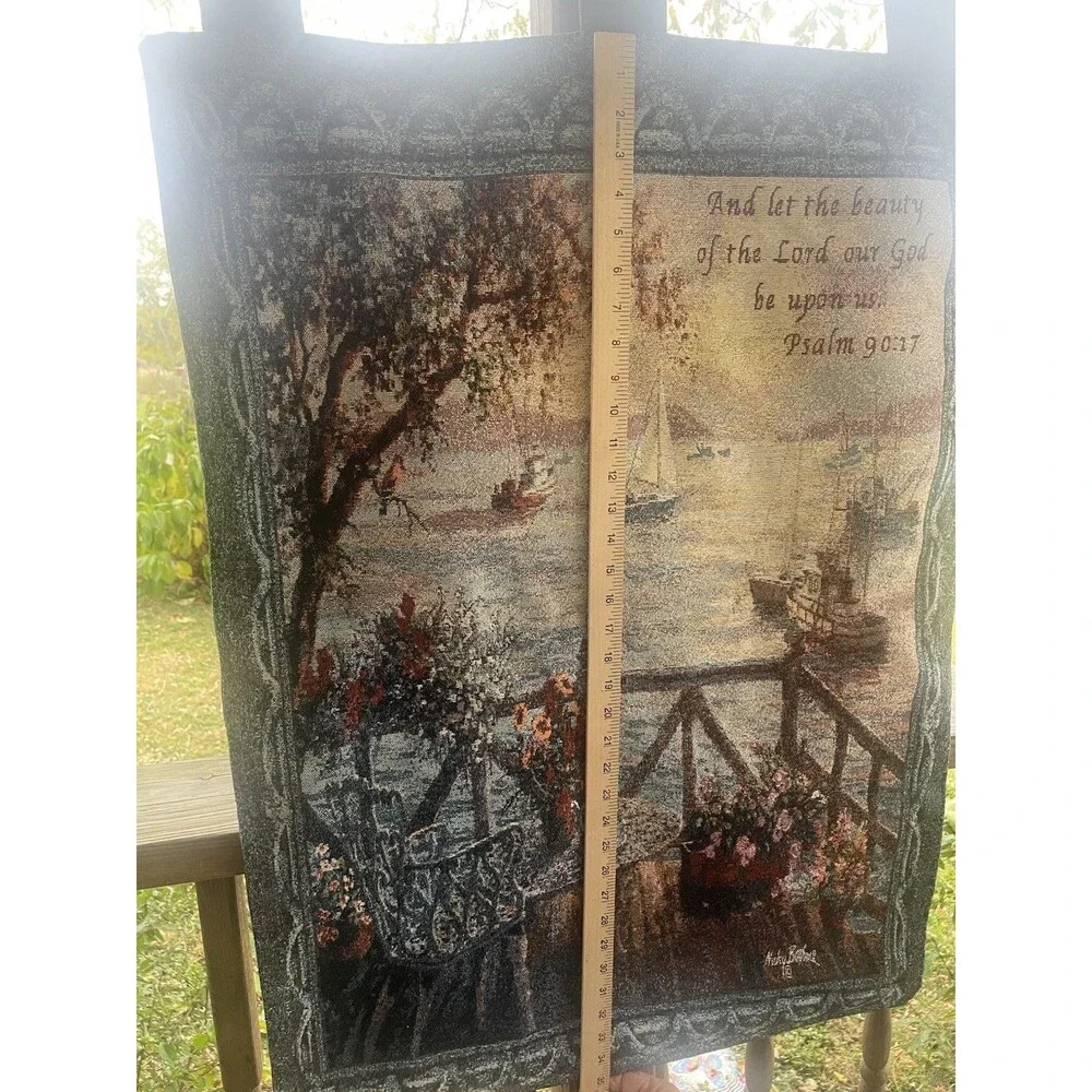 Hanging Wall Tapestry With Scroll Psalms 90:17 Sea Ships Blue Large